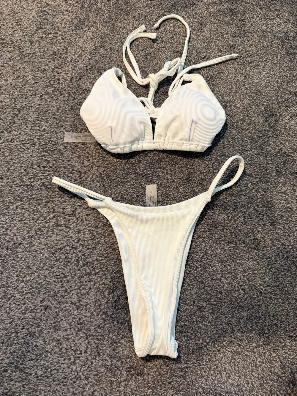 SHEIN Cream Ribbed Tie-Back Triangle Bikini Set